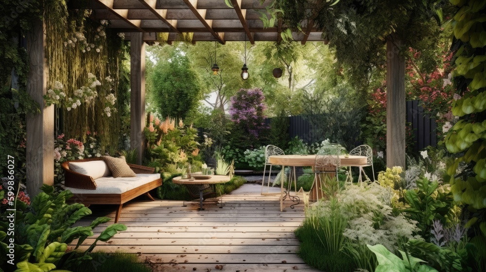 Wooden pergola and outdoor seating area in the backyard. garden.  Generative AI 