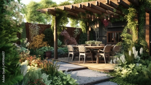 A resort hotel with a backyard garden with a wooden pergola and an outdoor dining area. Generative AI 