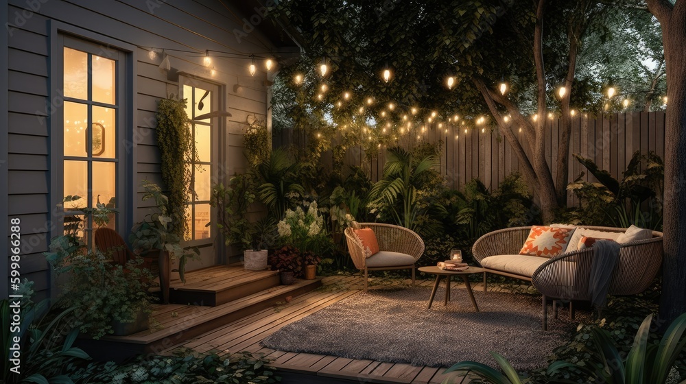 A beautiful cozy backyard patio with string lights and a small fireplace. Generative AI - obrazy, fototapety, plakaty 