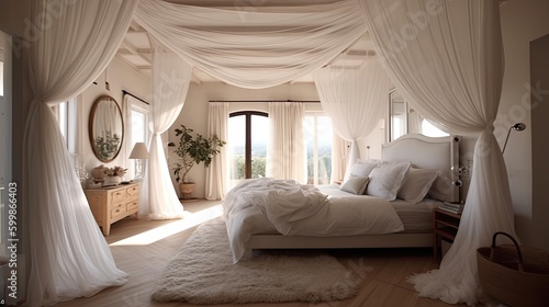 A canopy bed with plush bedding in a luxurious bedroom. Generative AI