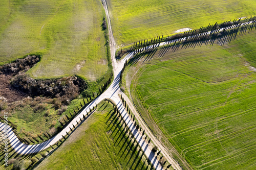 Aerial photography of a white road in Maremma