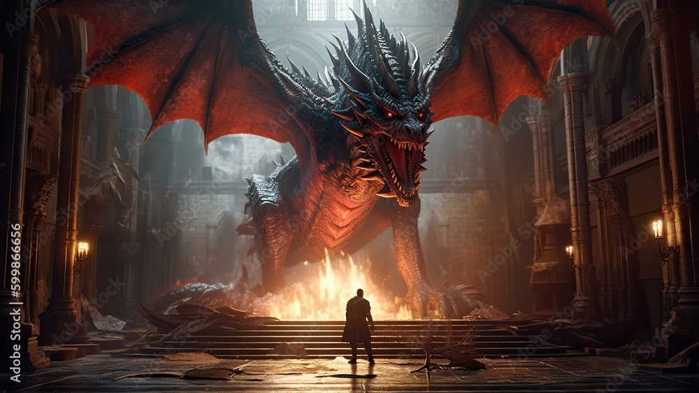 Brave warrior fighting huge red fire breathing dragon, fantasy battle ...