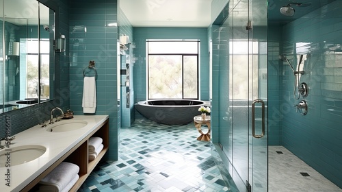 A modern bathroom interior with blue geometrical tiles. Generative AI