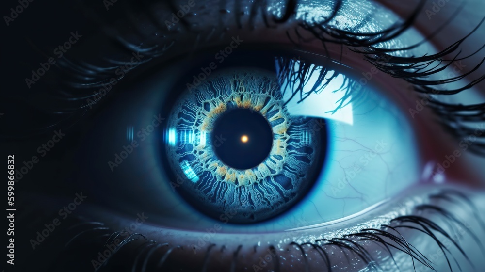 Futuristic robot eye technology, blue digital iris. Generative AI
