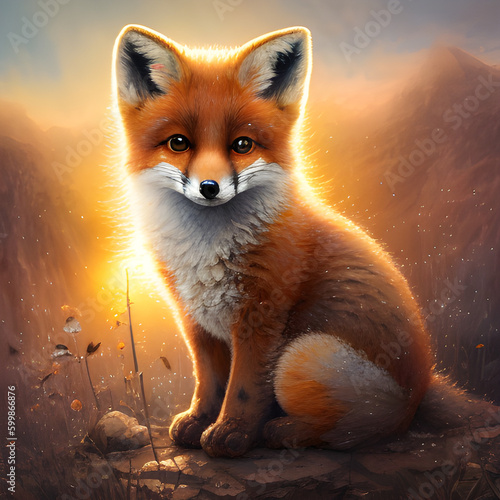 red fox in sunset   Cute fox sitting on brown ground with beautiful evening sunset in background  perfect for nature and animal lovers