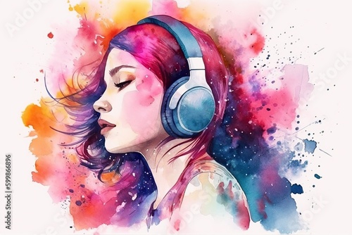 Watercolor painting, side view of woman listening to music in headphones, colorful paint explosion. Generative AI