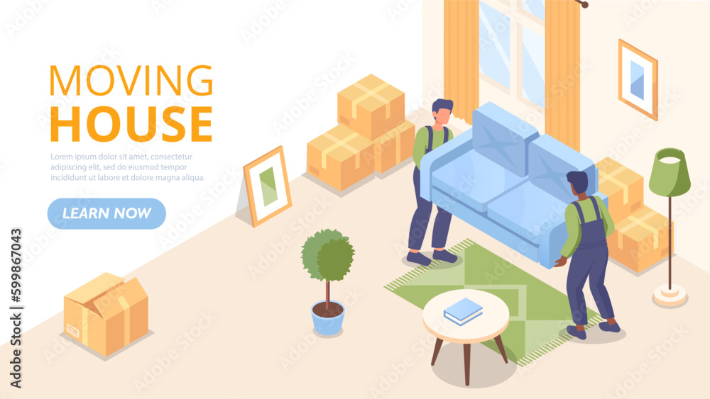 Moving house concept. Workers carry sofa to new apartment or property. Movers with furniture in their hands and various household items. Landing page design. Cartoon isometric vector illustration