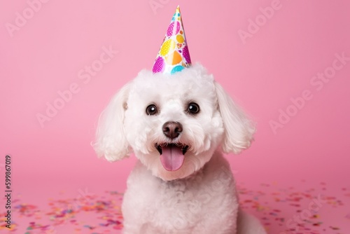Happy dog celebrating birthday with party hat on, isolated on pink background. Generative AI