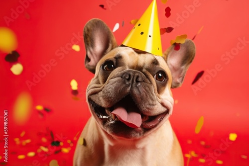 Happy french bulldog celebrating birthday with party hat on, isolated on studio background. Generative AI © iridescentstreet