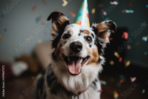 Happy dog celebrating birthday at home with party hat on. Generative AI