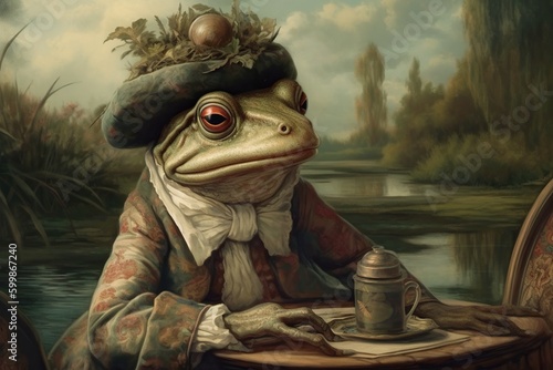 Frog renaissance art portrait, medieval oil painting. Generative AI photo