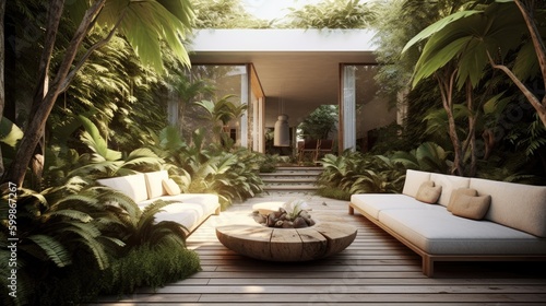 A modern outdoor lounge area with abeautiful garden. Generative AI 