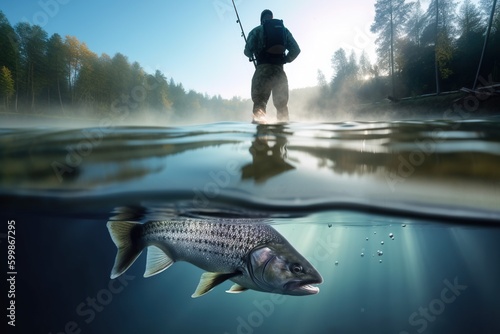 Fishing. Fisherman and trout, underwater view of the fish. Generative AI