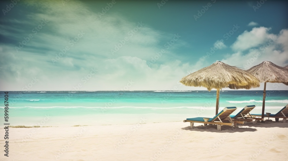 Tropical beach vacation banner. Summer travel tourism concept. Generative AI