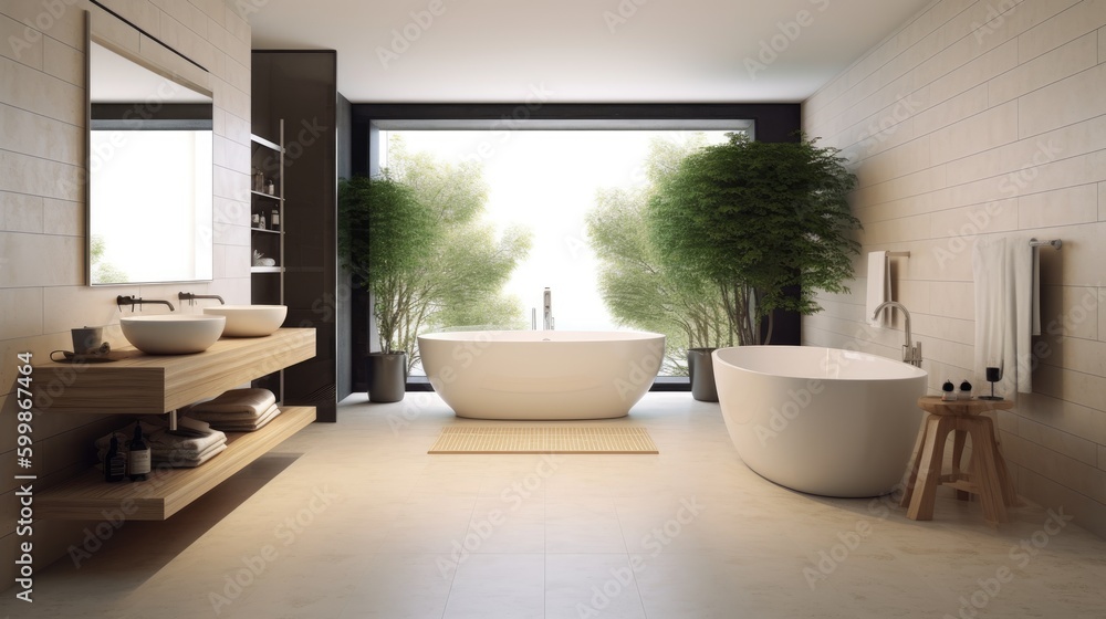 Fototapeta premium A modern spacious bathroom interior with a free-standing bathtub. Generative AI 
