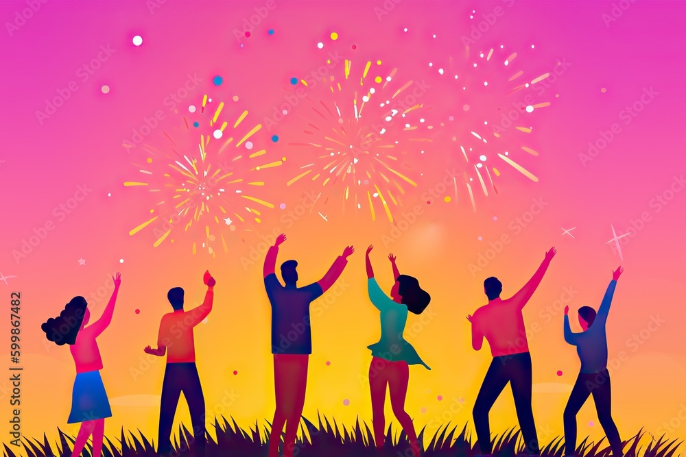 Flat art illustration of people celebrating victory, raising fists with excitement. Generative AI Flat art illustration of people celebrating victory, raising fists with excitement. Generative AI