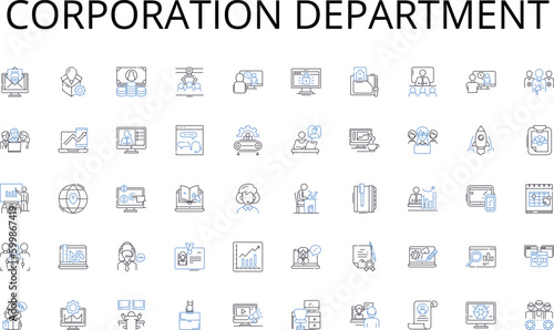 Corporation department line icons collection. Distributions, Shares, Assignments, Allotments, Division, Allocation, Apportionment vector and linear illustration. Dispensation,Provision,Budgeting