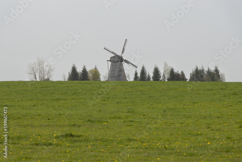 A wooden windmill in the distance in a meadow