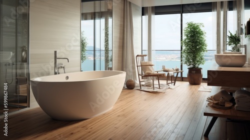 A modern spacious bathroom interior with a  free-standing bathtub. Generative AI  © Mockup Station