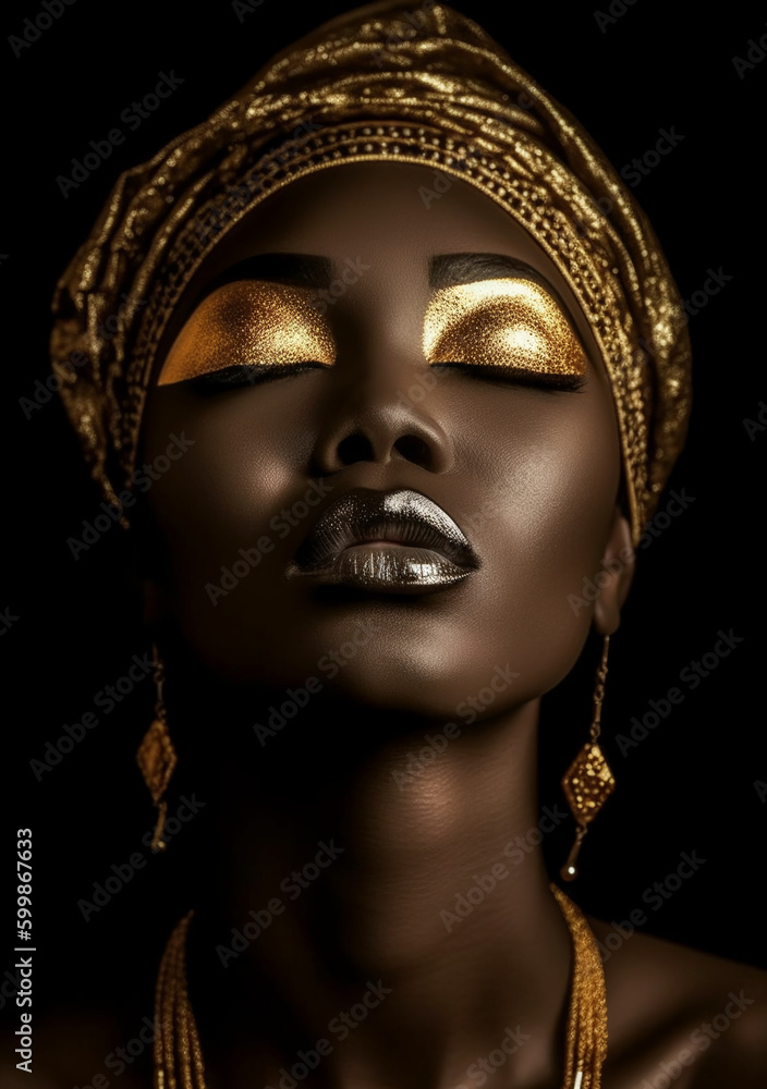 African American woman with golden makeup. Generative AI African American woman with golden makeup. Generative AI