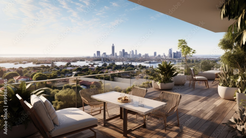 A spacious outdoor terrace with panoramic city views. Generative AI 