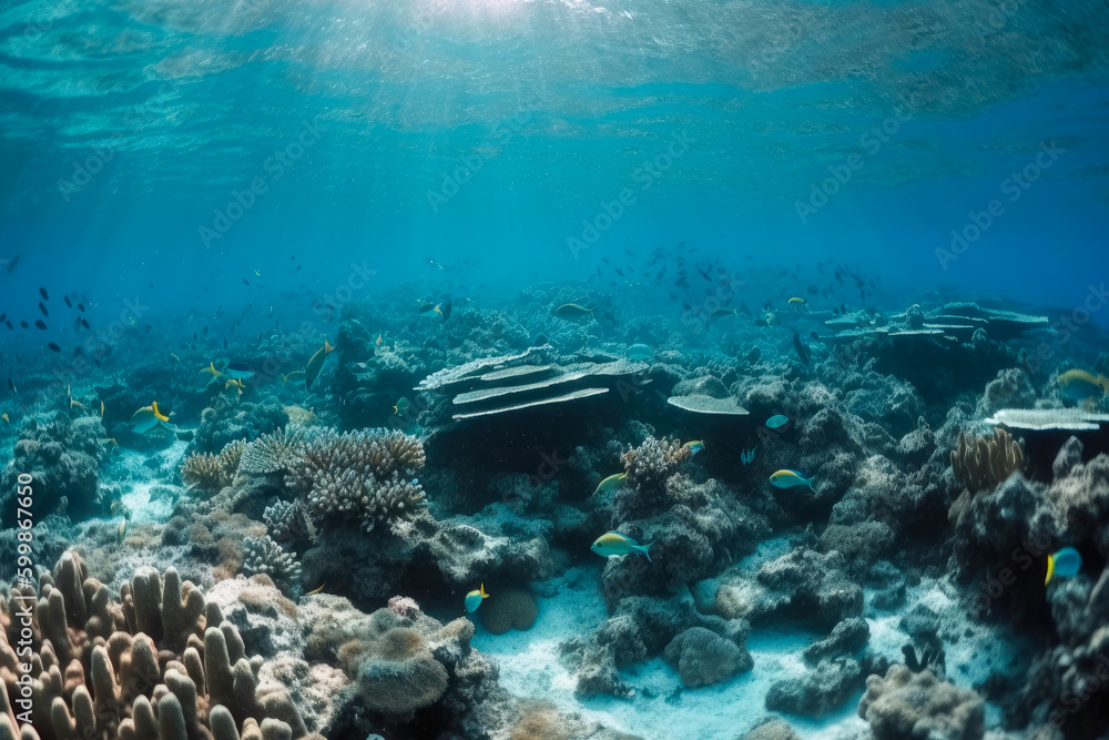 Naklejka premium A diverse school of colorful fish swimming over a vibrant coral reef created with Generative AI technology