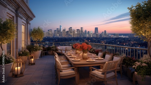 A spacious outdoor terrace with panoramic city views at sunset. Generative AI 