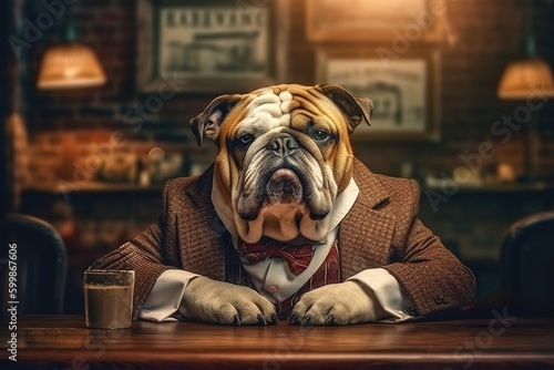 Portrait of bulldog as old mafia boss, gangster wearing vintage suit. Generative AI © iridescentstreet
