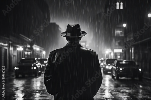 Noir movie, back view of 40s detective wearing hat, standing under the rain. Generative AI