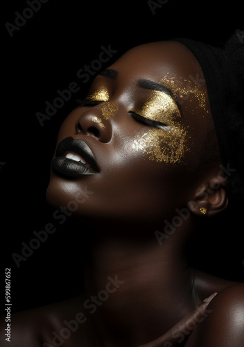 African American woman with golden makeup. Generative AI