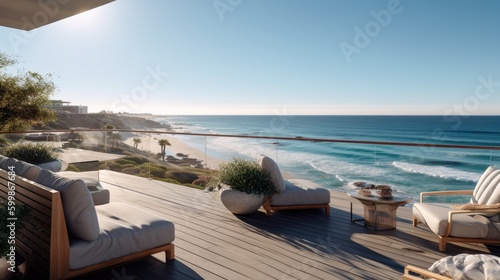 A beautiful spacious outdoor terrace with a panoramic view of the ocean. Generative AI 