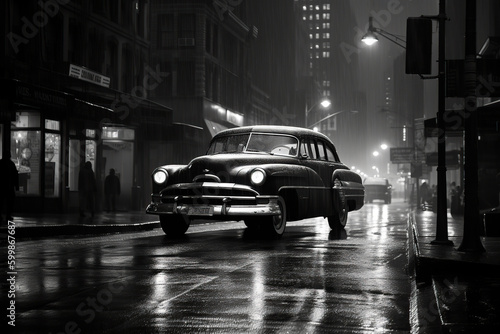 Noir movie  night city street under the rain. Generative AI