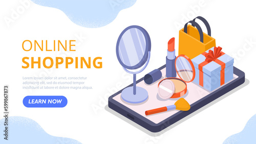 Online cosmetic shop. Smartphone with mirror, gift and present boxes, cosmetics, lipstick and brushes. Ecommerce and home delivery. Skin care and beauty. Cartoon isometric vector illustration