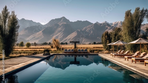 A stunning outdoor pool with a view of the mountains. Generative AI