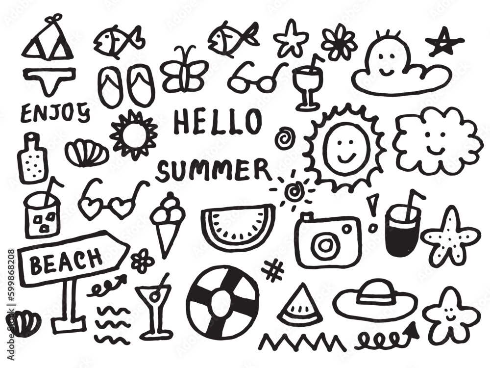 Hello Summer Set , Doodle Cartoon Hand drawn , Cute Icon