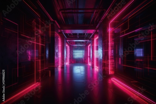 Dark atmosphere with neon lights on a background with generative AI © OKAN