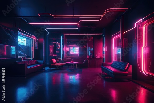 Dark atmosphere with neon lights on a background with generative AI © OKAN