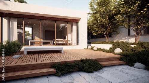 A luxury home patio and a backgyard of a modern house. Generative AI 