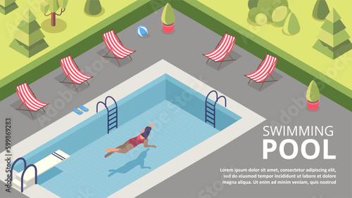 Swimming pool concept. Woman in red swimsuit swims in water next to sun loungers. Rest you hotel in tropical and exotic countries. Leisure in hot weather. Cartoon isometric vector illustration