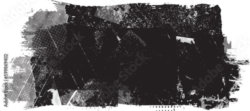 Glitch distorted brush stroke . Noise destroyed logo . Trendy defect error shapes . Glitched frame .Grunge textured . Distressed effect .Vector shapes with a halftone dots screen print texture.