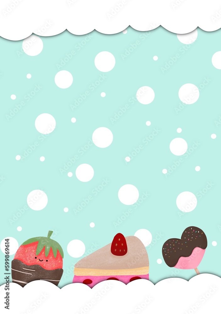 Light blue background with lollipop, strawberry, piece of cake
