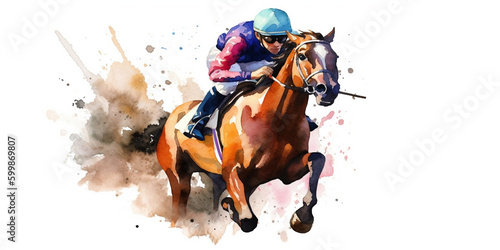 Watercolor illustration of a jockey riding at a gallop on a brown mare, isolated on white background.