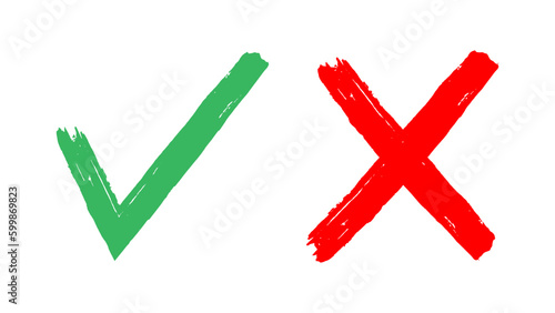 Sign green tick and red cross. Checking handwriting symbols, positive and negative choice icon, select yes or no signs on white background. Vector