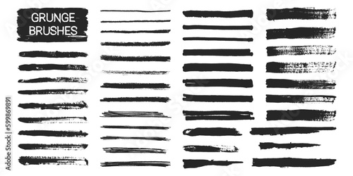 Black ink brush strokes. Texture paintbrushes, grunge elements, dry brushes, grungy stain and line, design elements on white background. Vector set
