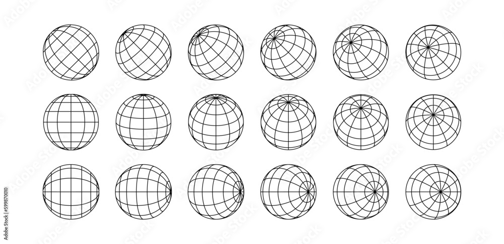 3D spheres grids. Globe meshes, ball in various position. Striped 3D orbs, earth globe grid linear wireframe vector line symbol isolated set - obrazy, fototapety, plakaty 