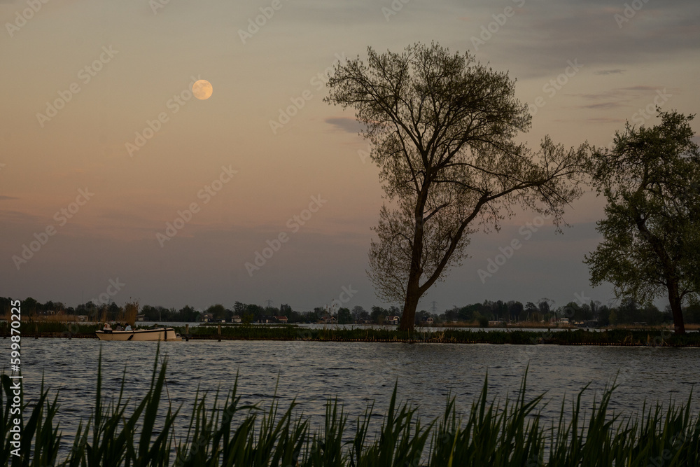 boat with people moored on the water of the Reeuwijkse Plassen in the Netherlands. Dutch waterway has islands with trees under a full moon with pastel shade sky