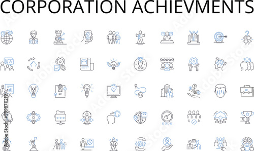 Corporation achievments line icons collection. Growth, Expansion, Innovation, Strategy, Market, Sales, Nerking vector and linear illustration. Investment,Branding,Leadership outline signs set