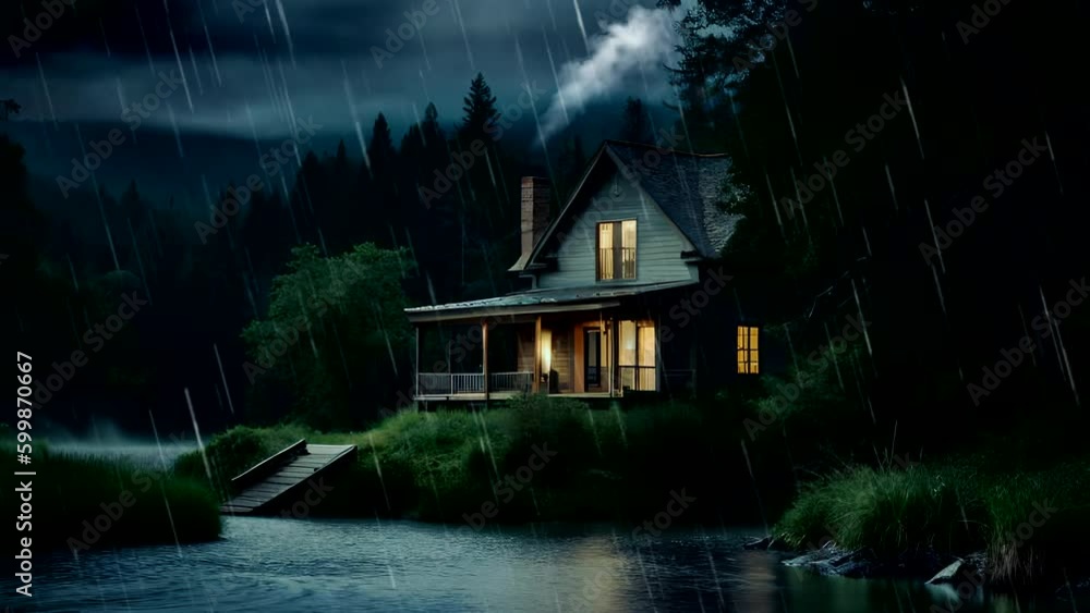 A wooden house with a chimney in the middle of a forest, with a river in front of it and extreme rainy weather with lightning and heavy rain on dark nights, with views of mountains and hills behind it