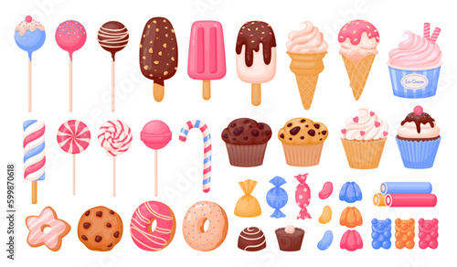 Cartoon sweets. Sweet dessert, candy, cute cake, lollipop, chocolate, sugar pastry, ice cream, donut, caramel, colorful bakery, bear dragee. Vector set