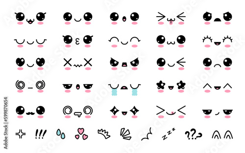 Cartoon kawaii face. Cute japanese anime character faces, eyes and mouth, happy and sad emotions facial, emoji boy and girl, emoticons. Vector set